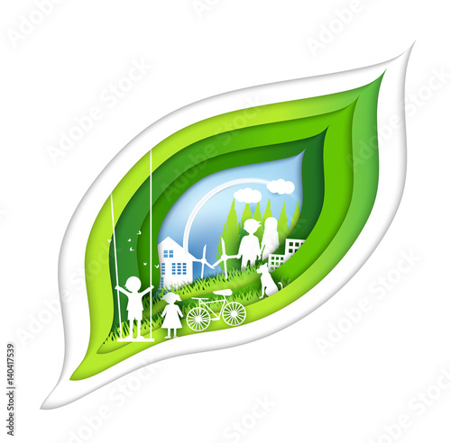 eco paper art design style, tree and family with nature.vector illustration