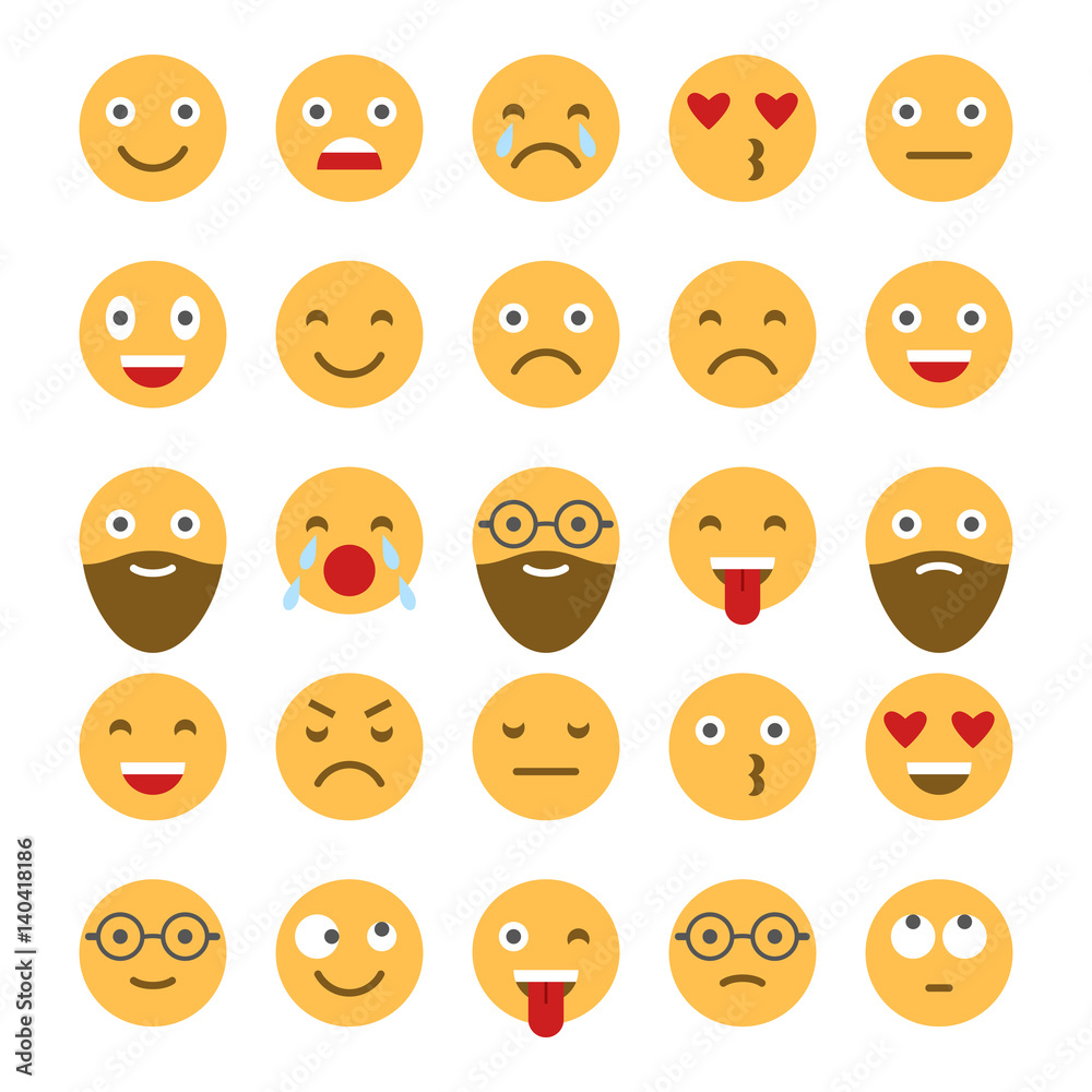 Colored flat icons of emoticons. Smile with a beard, different emotions, moods. Colored flat icons of emoticons. Smile with a beard, different emotions, moods.