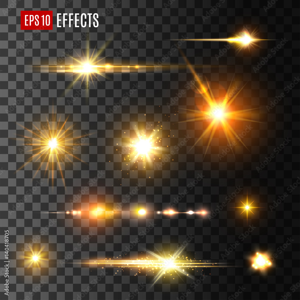 Gold light flash or star shine light vector icons - obrazy, fototapety, plakaty 