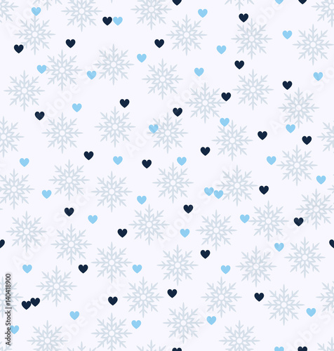 Winter pattern with hearts and snowflakes. Seamless vector background