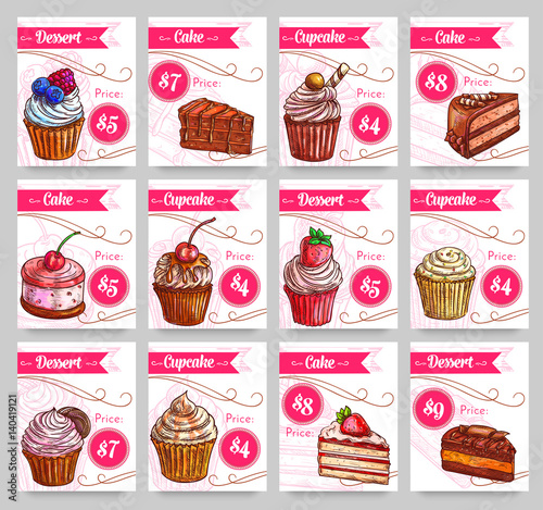 Dessert cakes vector price cards set