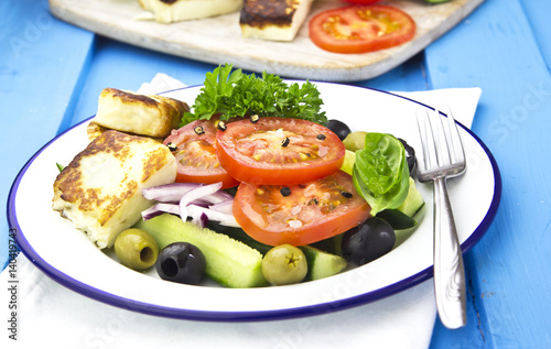 Greek salad with grilled feta cheese