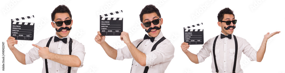 Funny with movie clapper isolated on white Funny with movie clapper isolated on white