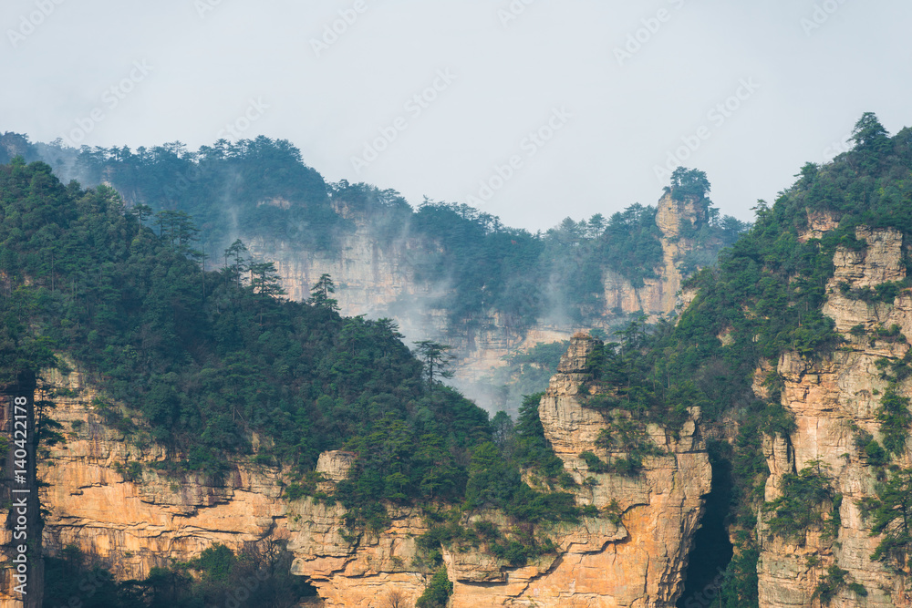 mountain landscape of Zhangjiajie, a national park in China known for its surreal scenery of rock formations.