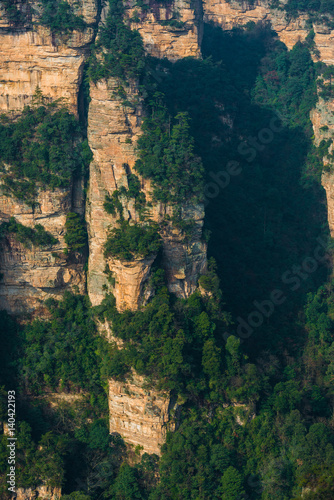 mountain landscape of Zhangjiajie, a national park in China known for its surreal scenery of rock formations.