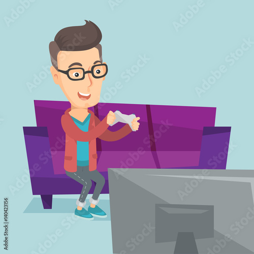 Man playing video game vector illustration.