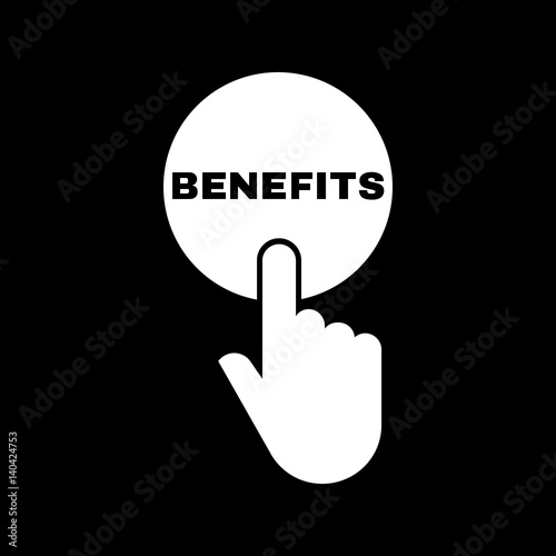 Hand pressing a button with the text BENEFITS icon. Profit, discount, bonus symbol. Flat design. Stock - Vector illustration