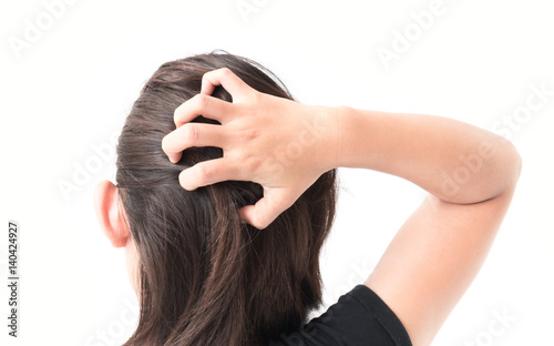 Closeup woman hand itchy scalp, Hair care concept