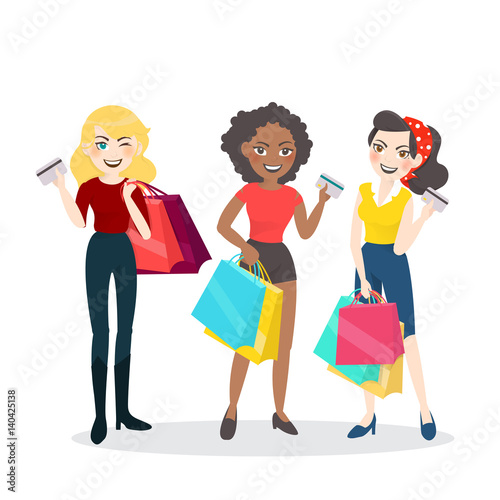 Cartoon Woman Group With Shopping Bag And Credit Card