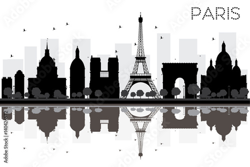 Paris City skyline black and white silhouette with reflections.