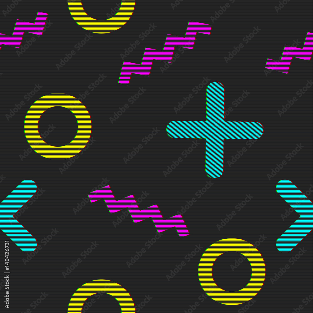 Obraz premium Seamless pattern with geometric figures in memphis style. Digital image data distortion. Vector illustration