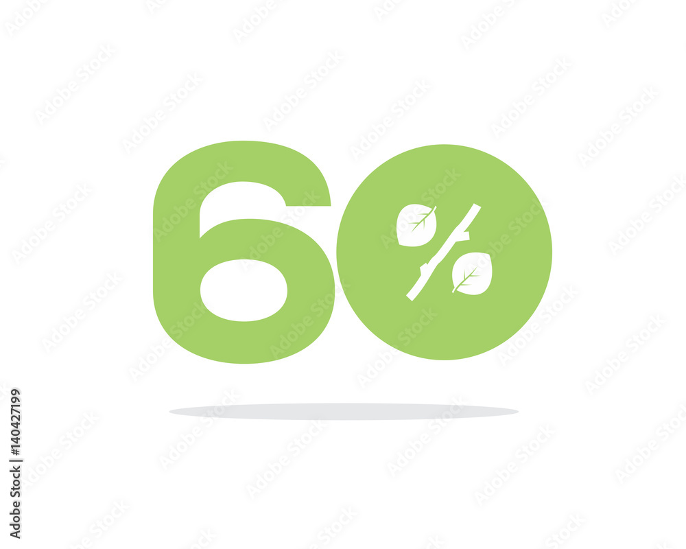 Vector green 60% text designed with a leaf and stick branch percent icon on air with shadow isolated on white background. For spring and summer sale campaigns. Vector green 60% text designed with a leaf and stick branch percent icon on air with shadow isolated on white background. For spring and summer sale campaigns.