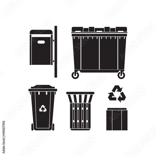 Recycling and garbage cans silhouettes collection. City trashcan icon set with wheeled dumpster or trash container, recycle bins and waste basket in outline design.