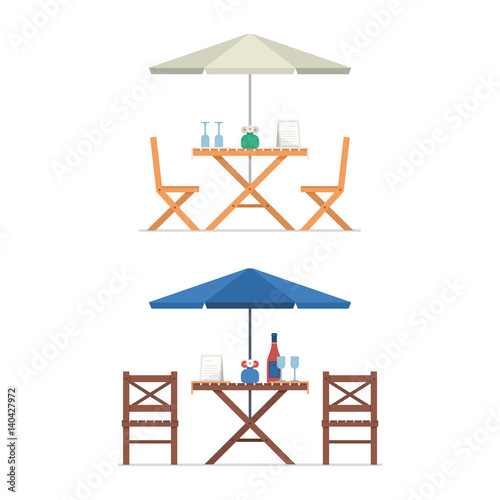Outdoor table and chairs under parasol with menu, wine bottle and glasses. Summer street cafe terrace. City constructor elements.