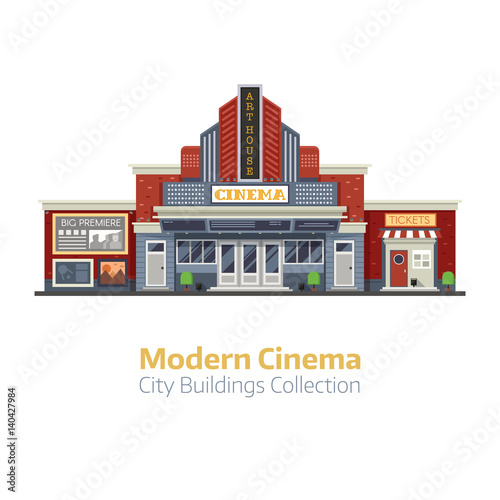Modern cinema building facade isolated on white background. Movie theater exterior vector illustration. City culture and entertainment landmark with sign board and ticket office.