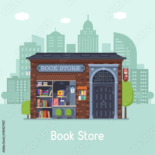 Old public book shop building facade on modern city background. Authentic bookstore banner for website and internet. Classic Europe antiquarian bookshop concept vector illustration.