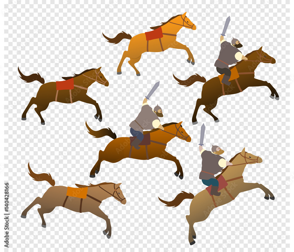 Set of cartoon characters horses and Russian riders. Fantastic heroes of old national legends. Characters of Slavic tales and epic. A sample from the thematic collection for design. Vector EPS10