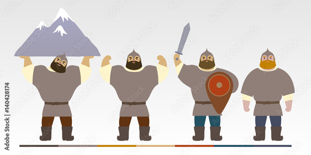 A set of cartoon characters Russian warriors. Fantastic heroes of old national legends. Characters of Slavic tales and epic. A sample from the thematic collection for design. Vector illustration EPS10