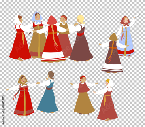 Russian girls in traditional clothes dance. A set of cartoon characters. Summer, round dance. National traditions, history, legends and epic. Thematic collection for design. Vector illustration EPS10