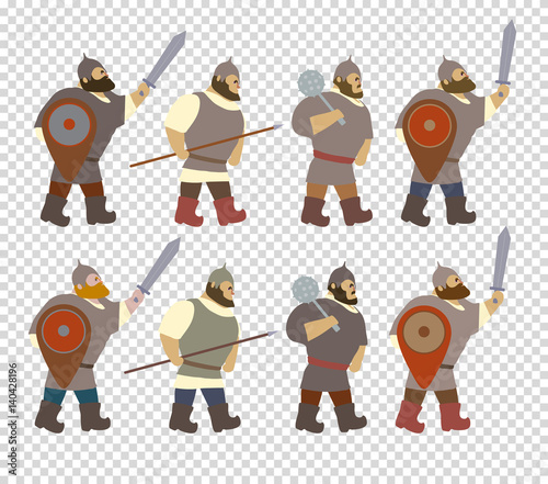 A set of cartoon characters Russian warriors. Fantastic heroes of old national legends. Characters of Slavic tales and epic. A sample from the thematic collection for design. Vector illustration EPS10