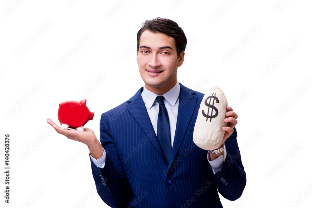 Handsome man with piggybank isolated on white Handsome man with piggybank isolated on white