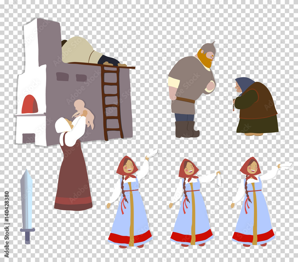 Obraz premium Russian warrior and his family: the bride, mother, wife, sister, child. A set of cartoon characters. National traditions, history, legends and epic. Thematic collection for design. Vector EPS10.