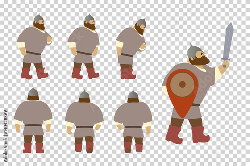 A set of cartoon characters Russian warriors. Fantastic heroes of old national legends. Characters of Slavic tales and epic. A sample from the thematic collection for design. Vector illustration EPS10