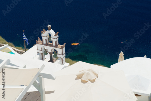 Architecture of island of Santorini, the most romantic island in the world, Greece. Travel to Greece. Beautiful white exterior Santorini. 