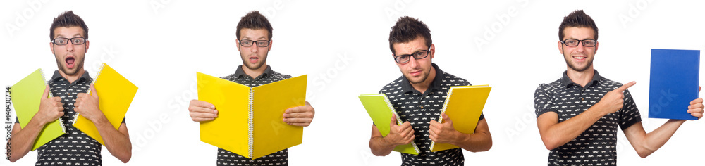 Young student with book and backpack on white Young student with book and backpack on white