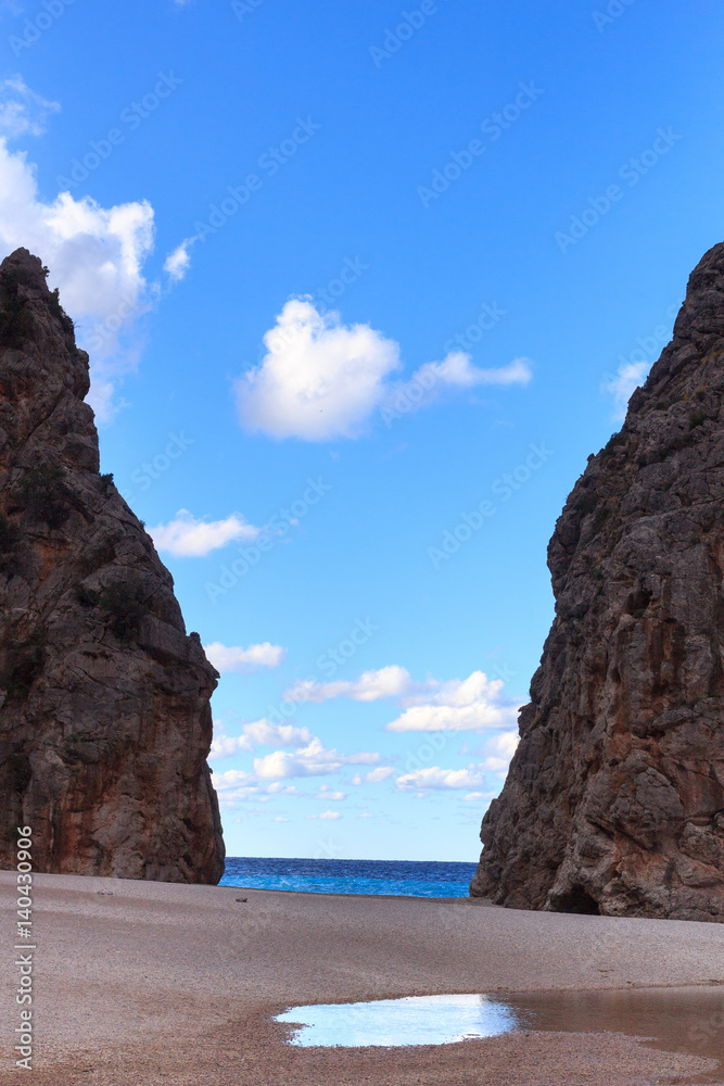Canyon Torrent de Pareis, beach and Mediterranean Sea, Majorca, Spain