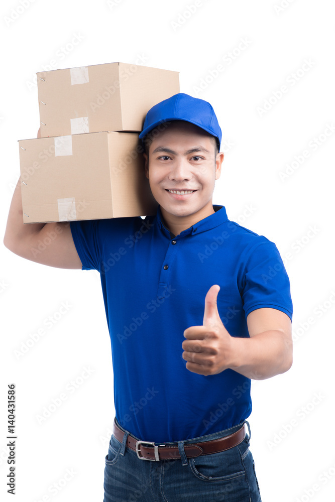 Delivery Person. Asian postman with parcel box thumps up. Delivery Person. Asian postman with parcel box thumps up.