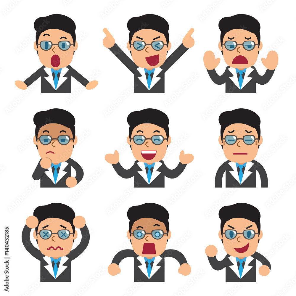 Cartoon businessman faces showing different emotions Cartoon businessman faces showing different emotions