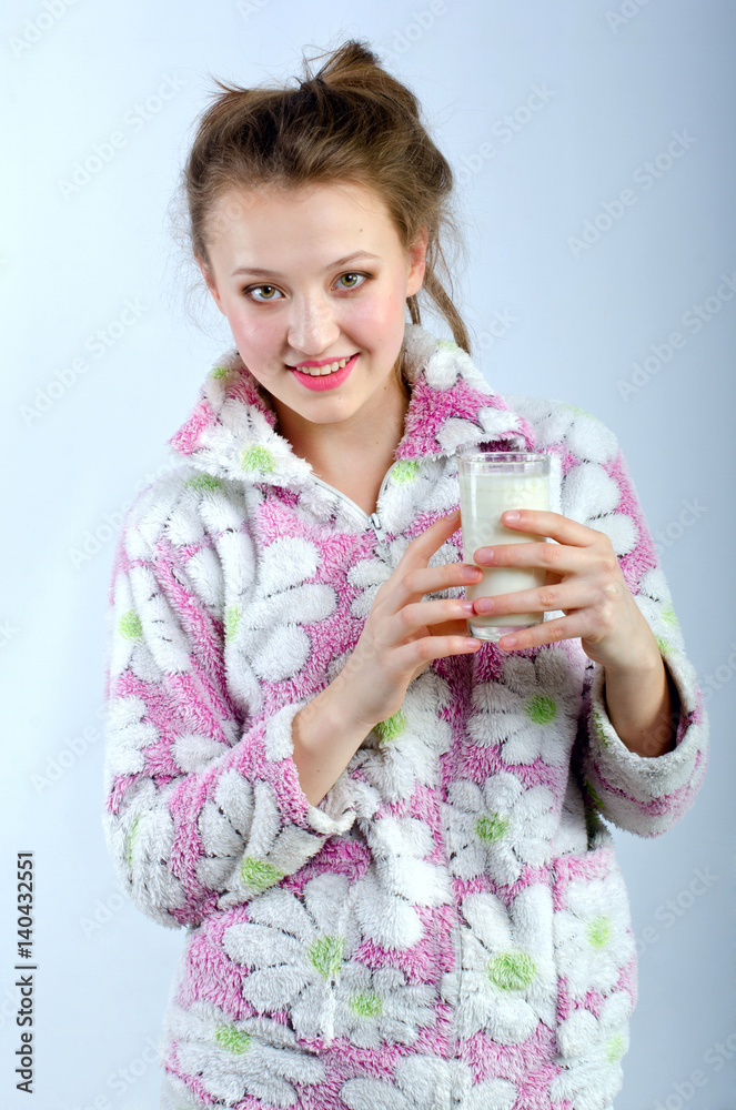 beautiful girl in pajamas with milk beautiful girl in pajamas with milk