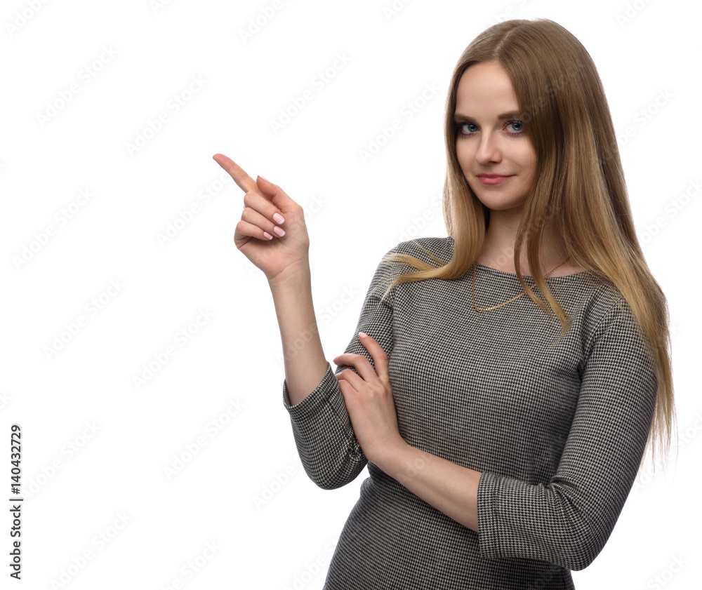 pretty girl pointing finger to copy space pretty girl pointing finger to copy space