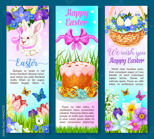 Easter paschal cake, eggs, flowers vector banners