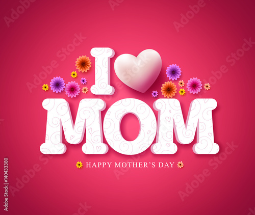 I love mom text greeting card in 3d vector for mother's day celebration in red background with flowers. Vector illustration.
