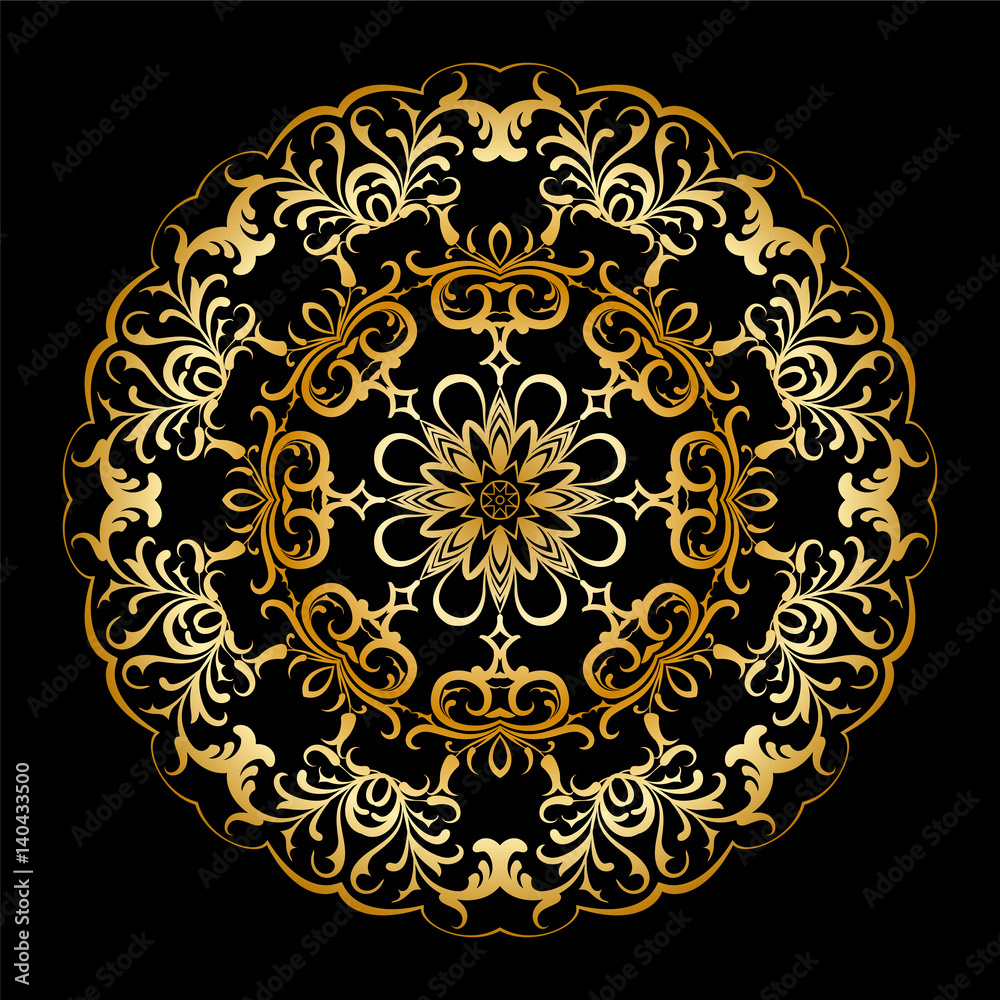 Golden circular pattern. Oriental pattern with mandala. Well suited for greeting cards, invitations. You can print on fabric and paper.