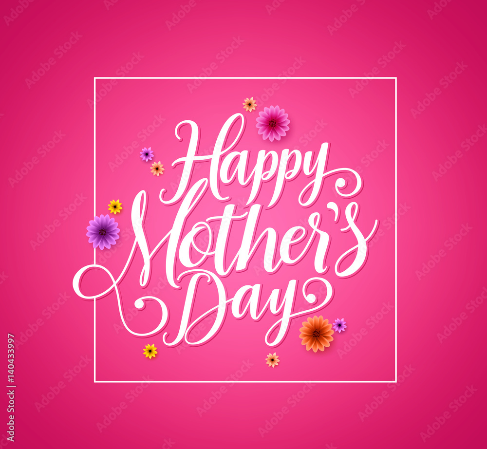 Happy mothers day calligraphy vector greetings card design in pink background with colorful flowers. Vector illustration.
