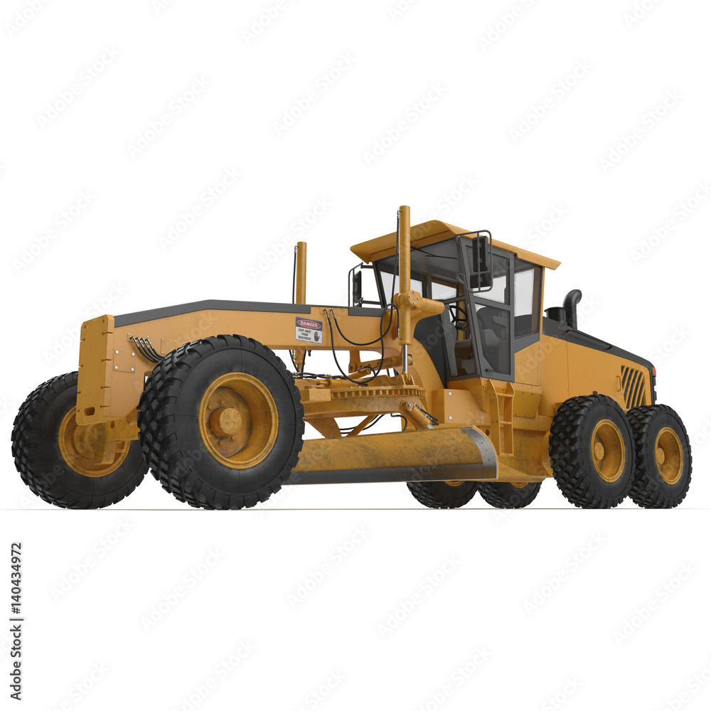 Road grader - heavy earth moving road construction equipment on white. 3D illustration
