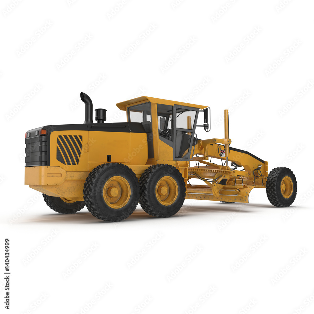 Rear view Road grader - heavy earth moving road construction equipment on white. 3D illustration