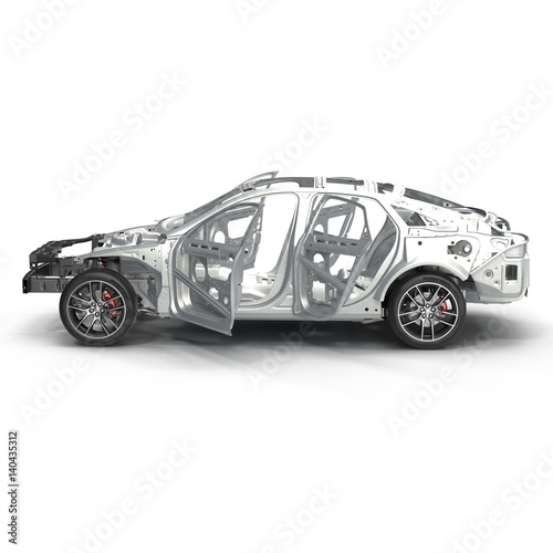 Skeleton of a car with Chassis on white. Side view. 3D illustration