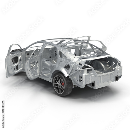 Sedan without cover on white. Rear view. 3D illustration