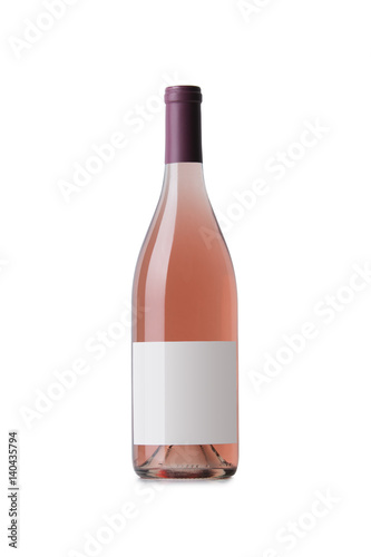 Rose wine bottle with blank label on white
