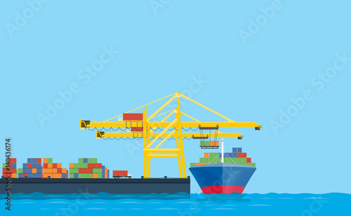 flat vector business shopping and logistics concept.international transport.with cargo shop in Shipping dock 