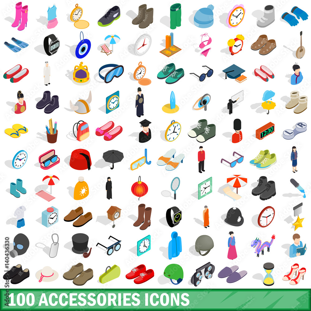 100 accessories icons set, isometric 3d style