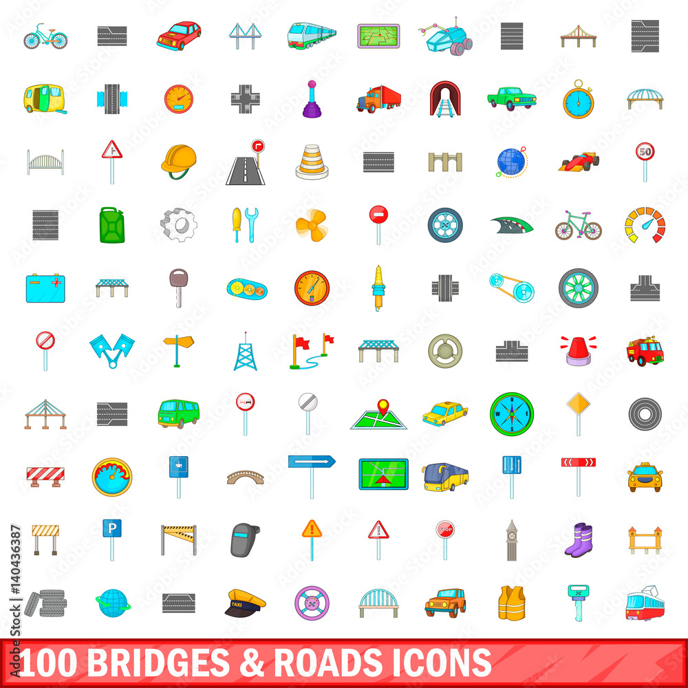 100 bridges and roads icons set, cartoon style 100 bridges and roads icons set, cartoon style