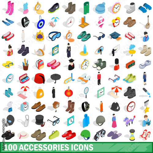 100 accessories icons set, isometric 3d style