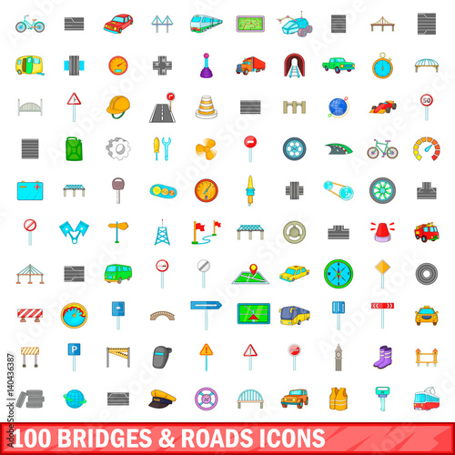 100 bridges and roads icons set, cartoon style