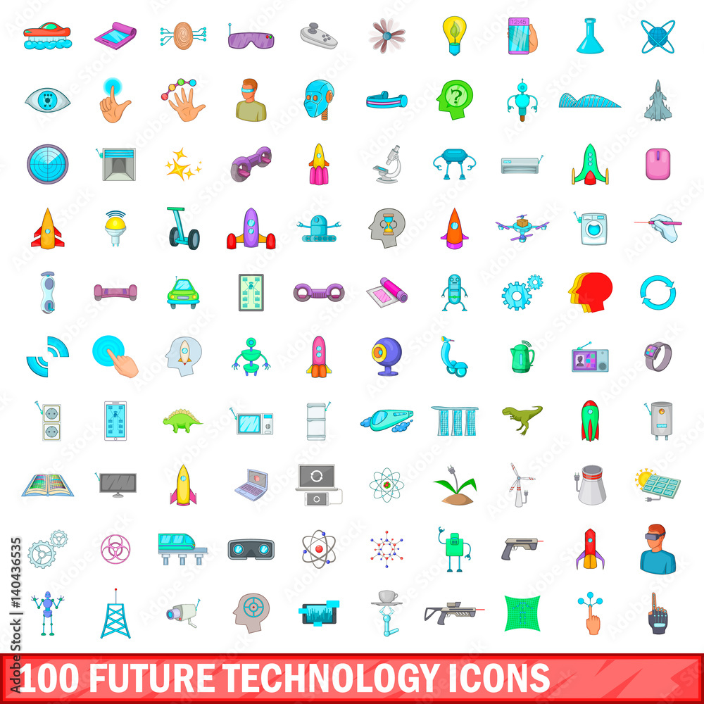 100 future technology icons set, cartoon style 100 future technology icons set, cartoon style