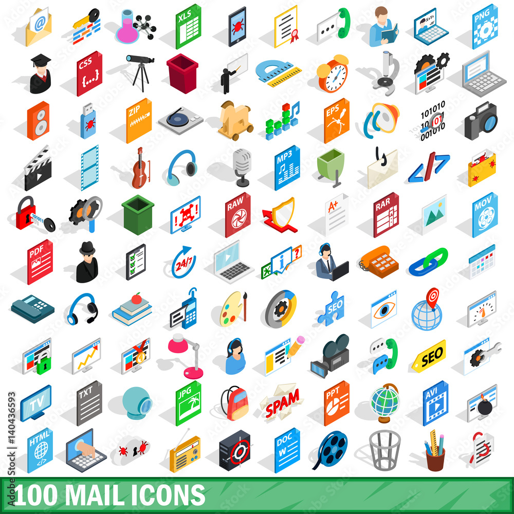 100 mail icons set, isometric 3d style